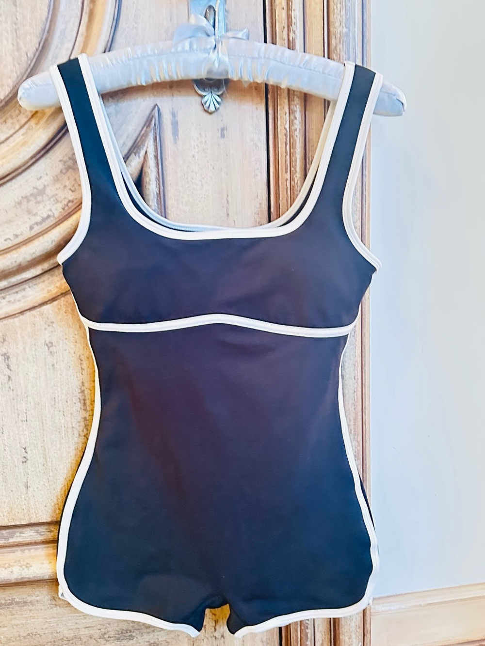 Black stretch  Romper with white  Trim